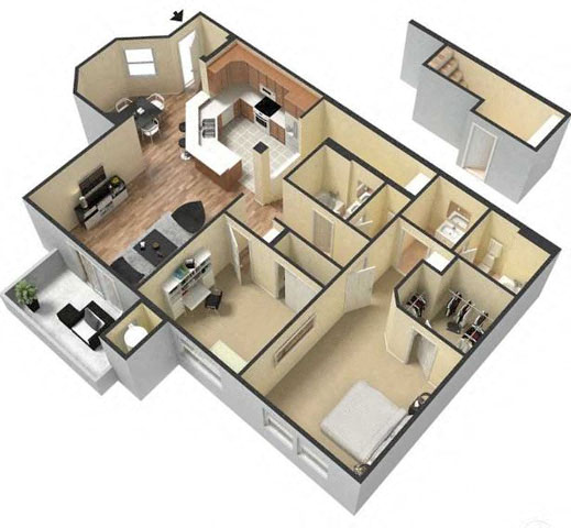 Floor plan for 2 beds, 2 baths, 1053 sqft